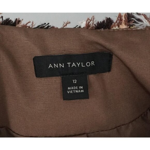 Ann Taylor Brown Fringe Knit Gold Metallic Button Up Textured Blazer Jacket 12 - Picture 8 of 9